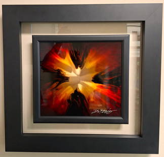 Chris DeRubeis 'Mini Burst Red' Mixed Media 11x12: Chris DeRubeis, American (b. 1978). Mixed media on aluminum, air-brush painting and hand ground surfaces, 'Mini Burst Red' 2015. SIgned lower right, comes with COA and appraisal paperwork. Measures