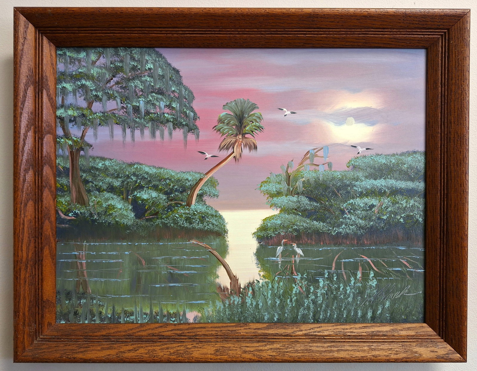 Al Black Highwaymen 18x24 'Serene Backwaters' 2x Signed: Al Black (b. 1945) Florida Highwaymen, Florida Art Hall of Fame Artist. Oil painting 'Serene Backwaters' on masonite. Beautiful backwater scene with palm and oak trees reflecting in the water, wading 