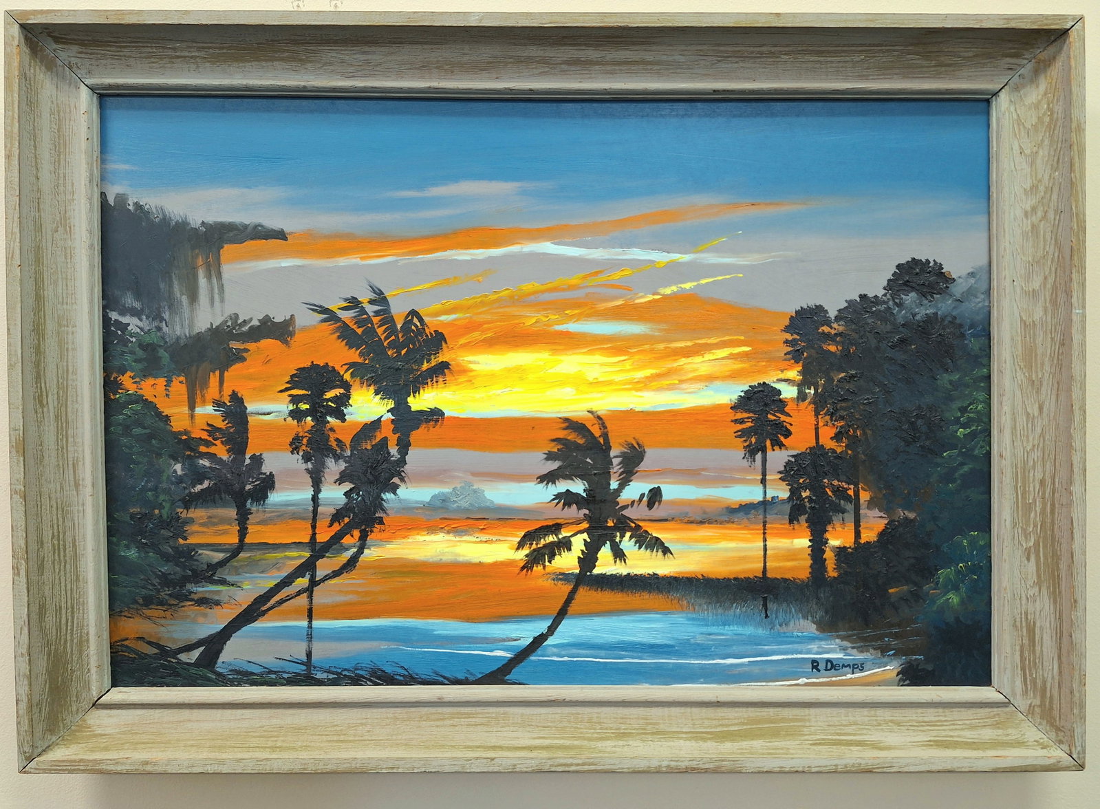 Rodney Demps Highwaymen 24x36 'Palms at Sunset': Rodney Demps (1953-2020) Florida Highwaymen, Florida Art Hall of Fame Artist. Oil painting 'Palms at Sunet' on masonite. A dramatic sunset scene with ten palm trees, oaks with spanish moss, and bold s