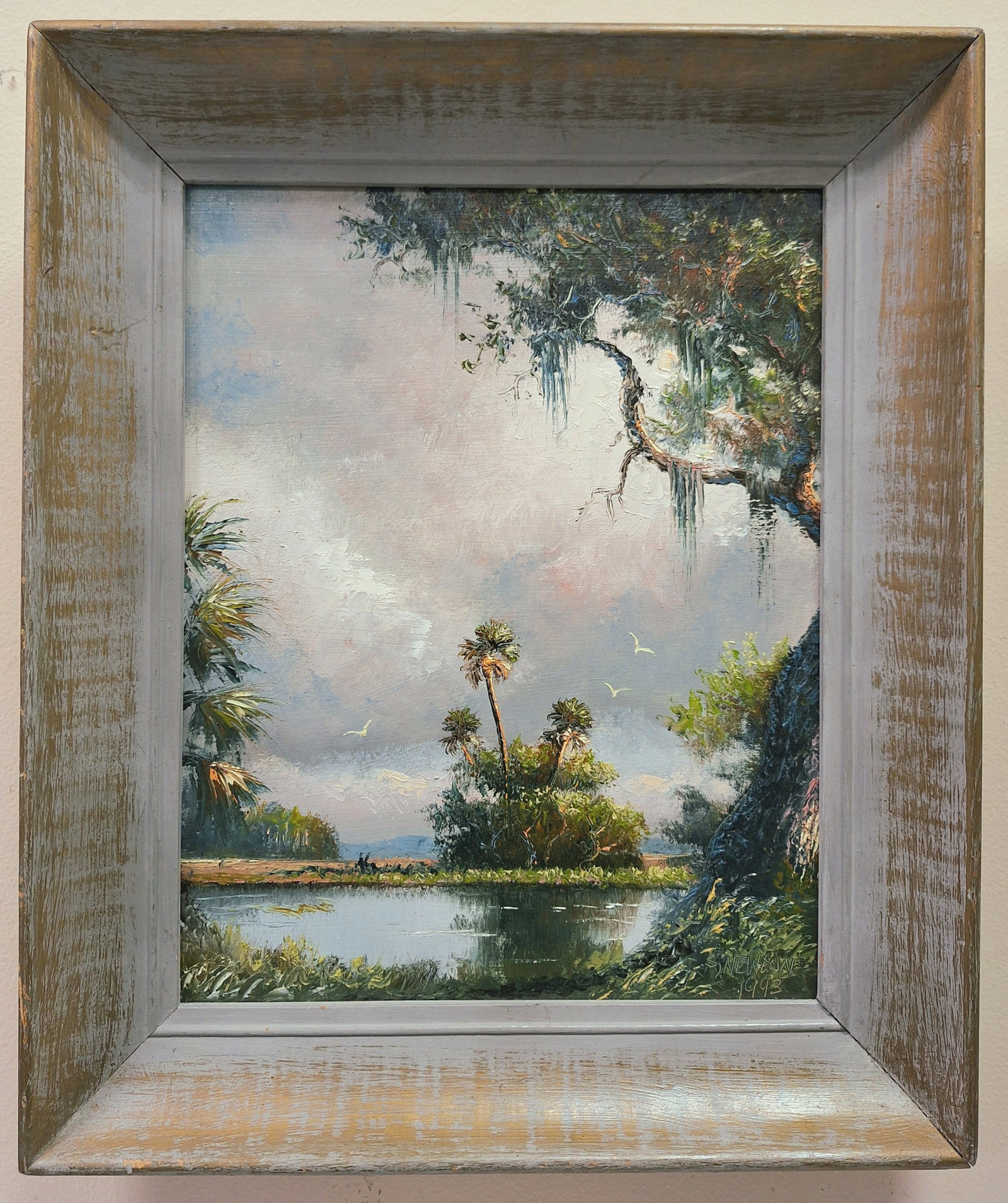Sam Newton Highwaymen 14x11 'Backcountry Oak': Sam Newton (b. 1948) Florida Highwaymen, Florida Art Hall of Fame Artist. Oil painting 'Backcountry Oak' on masonite. A beautiful backcountry scene with a largeoak tree with spanish moss, a palm hammo