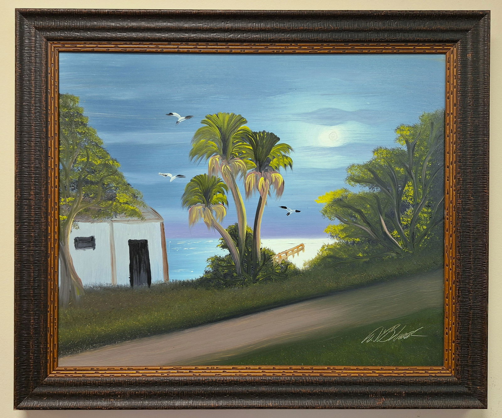Al Black Highwaymen 22x27 'Moonlit River Shack': Al Black (b. 1945) Florida Highwaymen, Florida Art Hall of Fame Artist. Oil painting 'Moonlit River Shack' on masonite. Riverside scene with a road, dock, three palms and a waterfront shack under a mo