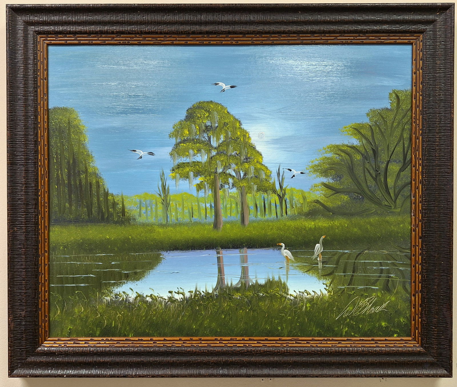 Al Black Highwaymen 22x27 'Moonlit Pines': Al Black (b. 1945) Florida Highwaymen, Florida Art Hall of Fame Artist. Oil painting 'Moonlit Pines' on masonite. Backwoods scene with a tall pines reflecting in a pond, birds wading and in-flight and