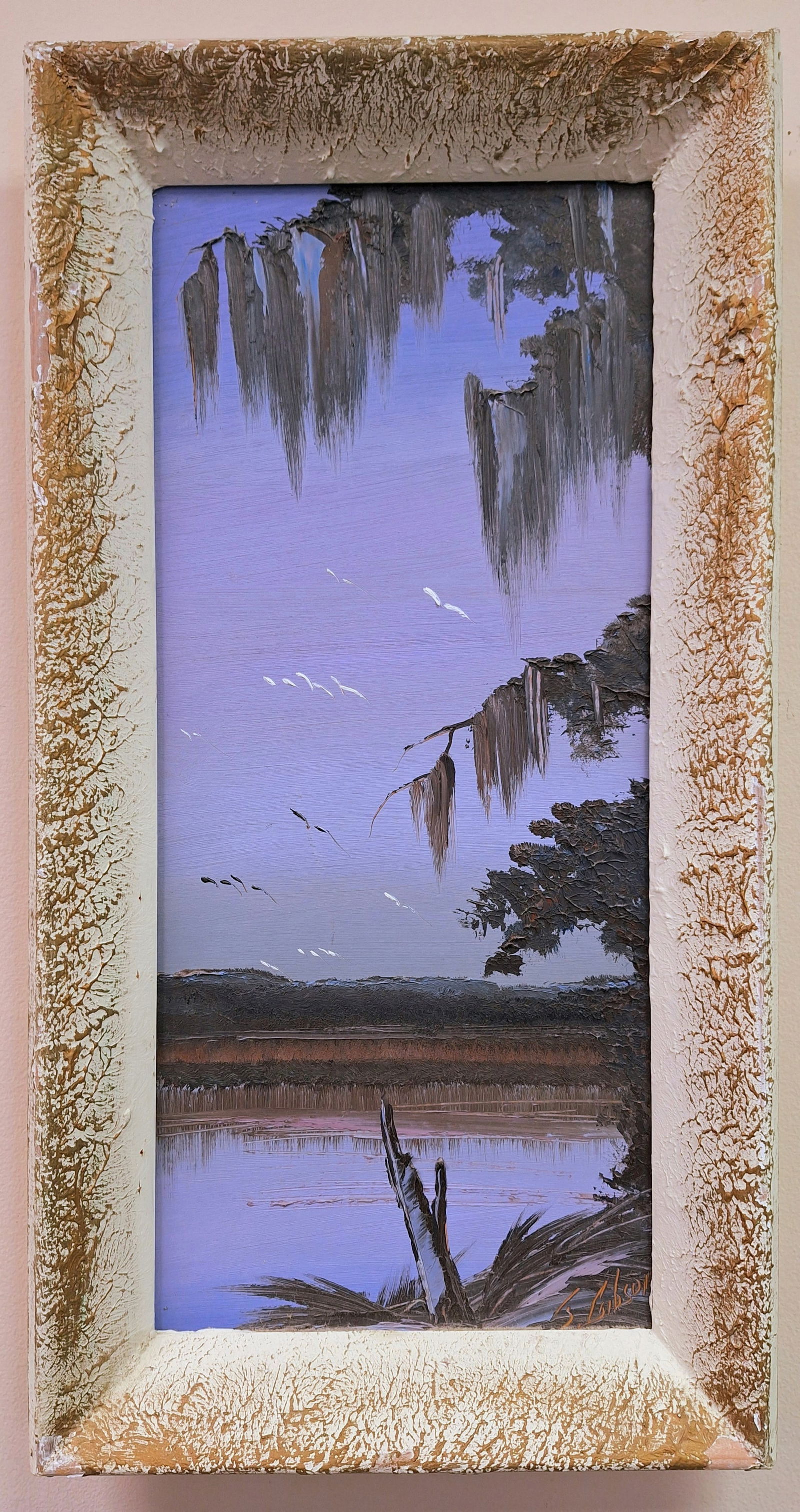 James Gibson Highwaymen 22.5 x 10 'Backwater Birds': James Gibson (1938-2017) Florida Highwaymen, Florida Art Hall of Fame Artist. Oil painting 'Moonlit River Palm' on old canvas. A rare vintage canvas painting with a large palm overlooking the river wi