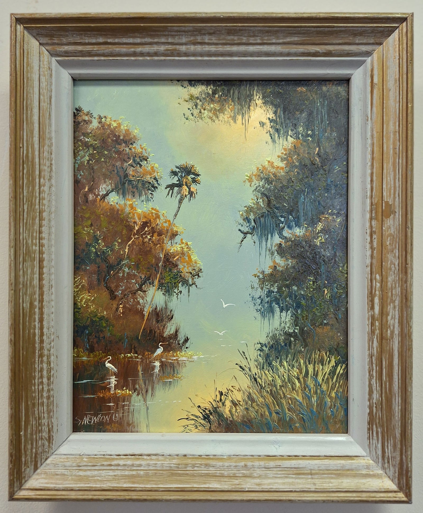Sam Newton Highwaymen 14x11 'Backwater Birds': Sam Newton (b. 1948) Florida Highwaymen, Florida Art Hall of Fame Artist. Oil painting 'Backwater Birds' on older masonite. A serene backwater scene with tangerine sunset colors in the sky, birds wadi