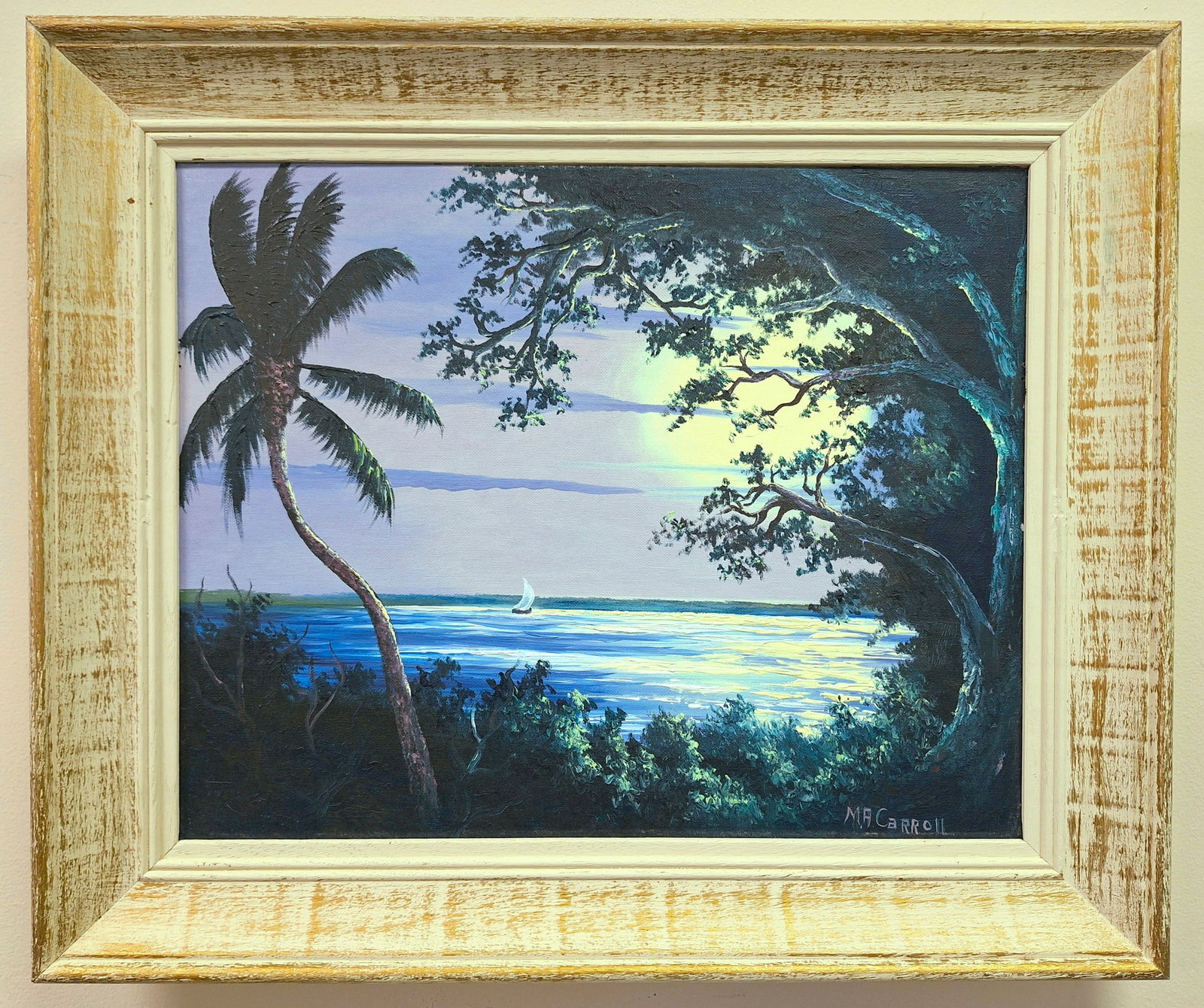 Mary Ann Carroll Highwaymen 16x20 'Moonlit River Sail': Mary Ann Carroll (1940-2019) Florida Highwaymen, Florida Art Hall of Fame Artist. Oil painting on canvas, 'Moonlit River Sail',a beautiful river scene looking through palms and oak tree to a sailboat 