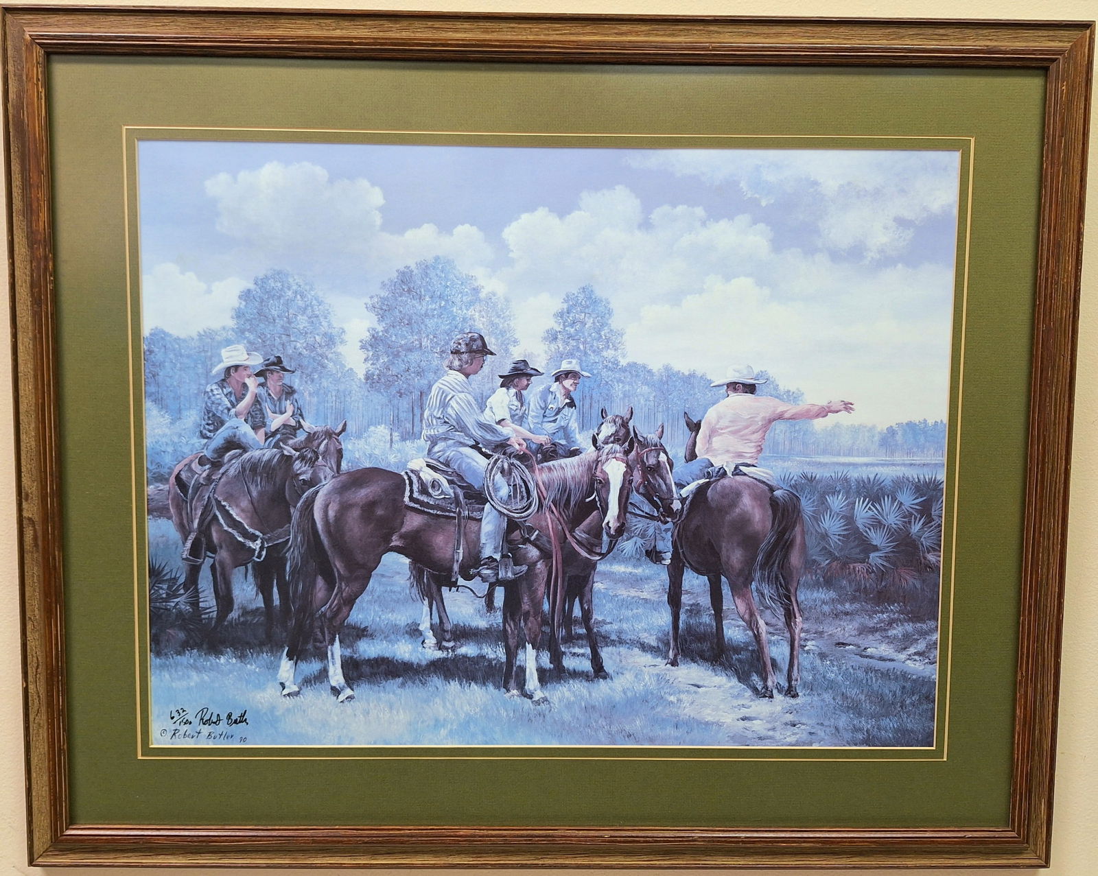 Robert Butler Highwaymen 19x25 'Rancher's Plan' Signed Print: Robert Butler (1943-2014) Florida Highwaymen, Florida Art Hall of Fame Artist. Signed and Numbered Print 'Rancher's Plan', framed and matted under glass. Backcountry ranch scene with a group of cattle