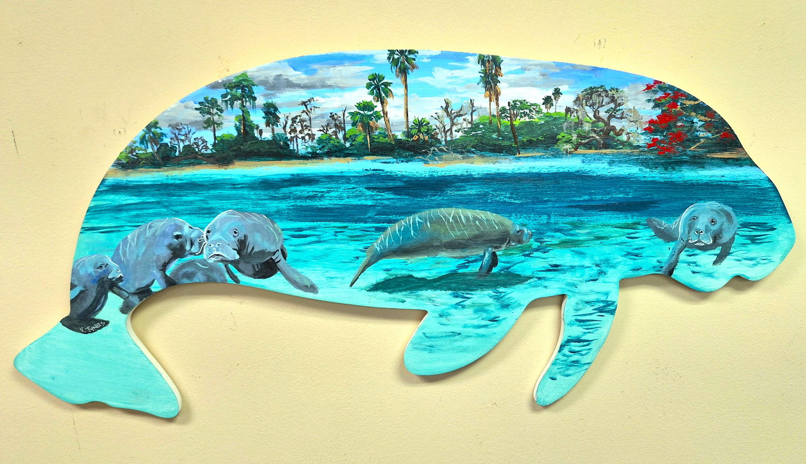 Vernon Tynes Gibson 2nd Gen Highwaymen 15x33 'Manatees': Vernon Tynes Gibson (American) Florida - 2nd Gen Highwaymen, nephew of Florida Art Hall of Fame Artist James Gibson. Oil painting 'Manatees' on wood. A colorful scene showing underwater manatees swimm