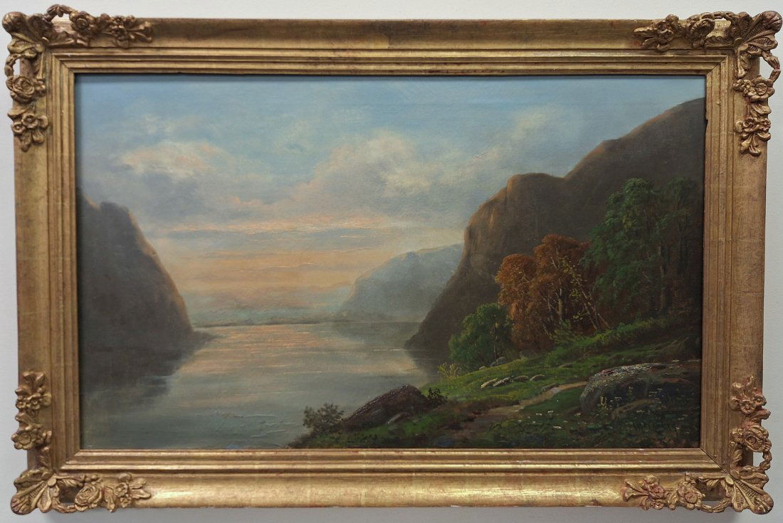 Benjamin McConkey Hudson River School 19th Cent: Benjamin McConkey (1821-1852) American - Hudson River School, student of movement founder Thomas Cole Oil on canvas 'Hudson River Scene'.Signed lower right Measures 22x36 inch (27 x 41 inch with frame