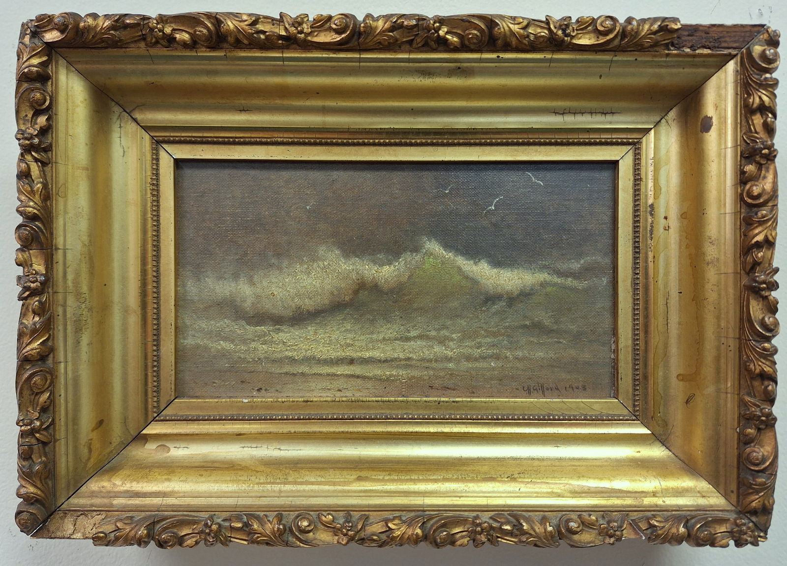 Charles Henry Gifford 6x9 Oil painting on board: CHARLES HENRY GIFFORD (1839-1904).'C.H.Gifford' - Massachusettes - Oil on board '. 'Ocean Breaker'.Signed lower right. Measures 6x9 inch (9.5 x 13.5 inch with frame). Overall excellent condition, fram