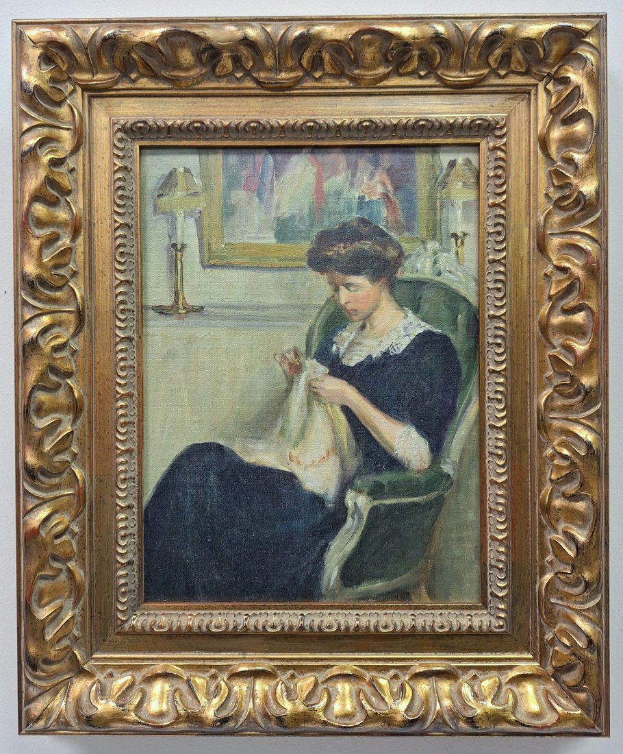 Julian Alden Weir 'Girl Sewing' Painting 12x16: Julian Alden Weir(American, 1852-1919). - Oil on canvas, subject said to be his daughter Dorothy. Unsigned. Measures 12x16 inch (23 x 19 inch with frame). Overall good condition