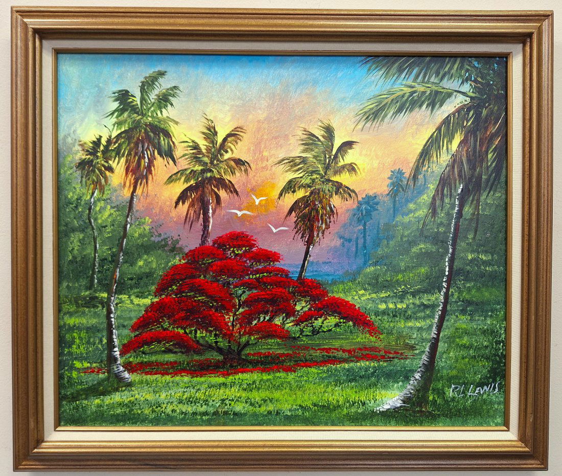 R. L. Lewis Highwaymen 20x24 'Sunset Poinciana' Oil Painting (1 of 5)