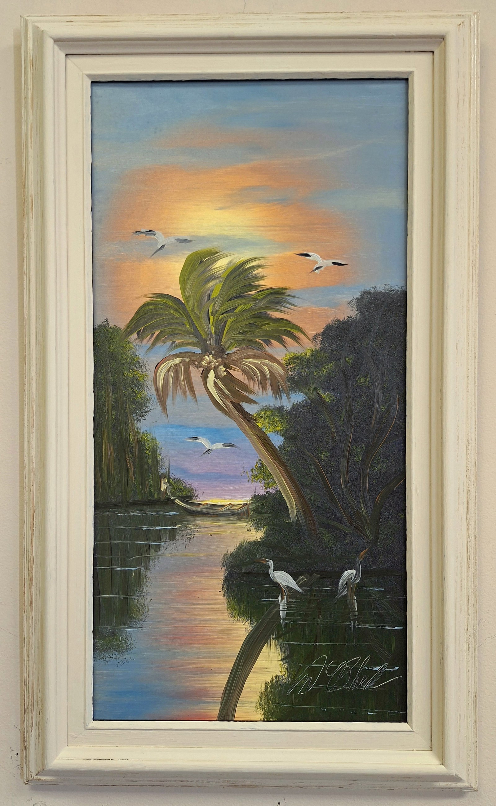 Al Black Highwaymen 24x12 'Sunset Palm' Oil Painting: Al Black (b. 1945) Florida Highwaymen, Florida Art Hall of Fame Artist. Oil painting 'Sunset Palms' on masonite.Colorful backwater scene with a palm tree, a wooden boat moored on the bank and multiple