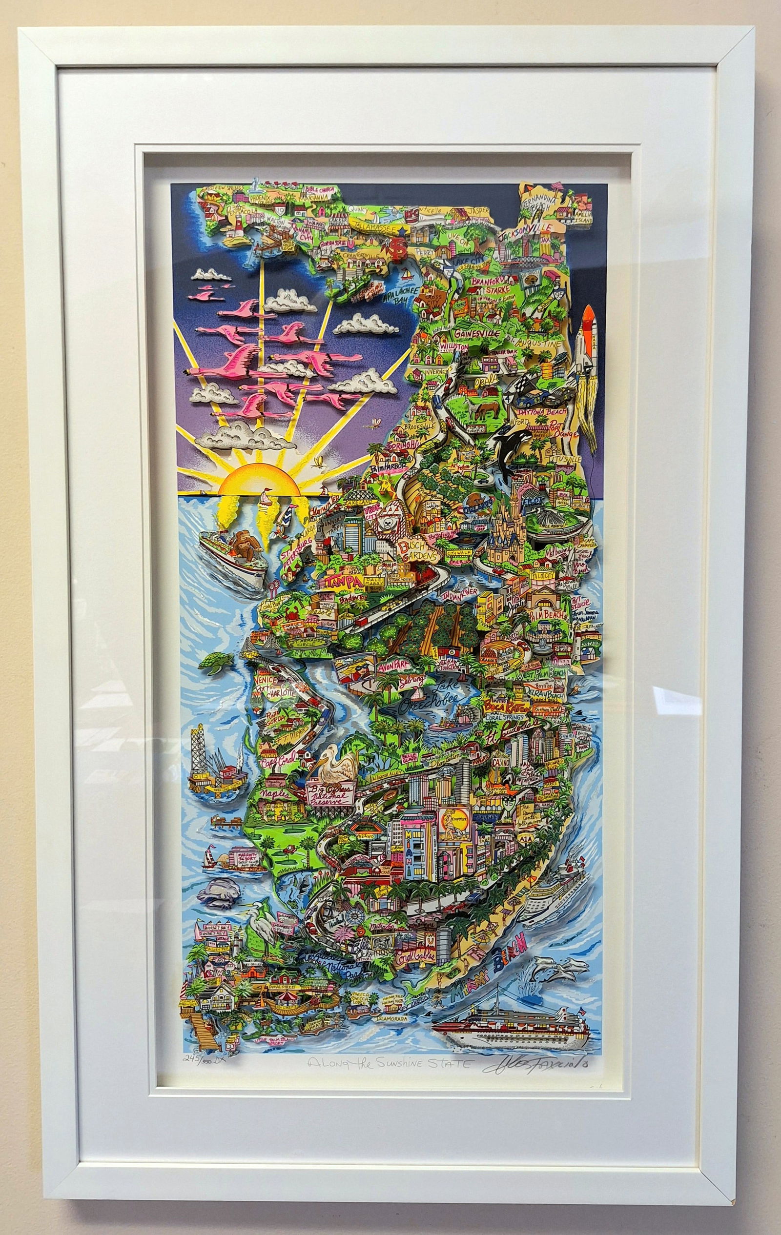 Charles Fazzino 31x16 'Along the Sunshine State' 3D Art: Charles Fazzino (b. 1955) American. Large 3-D art mixed media on paper, detailed Florida art, 'Along the Sunshine State', limited edition 245/350 DX. Includes Certificate of Authenticity on the back.