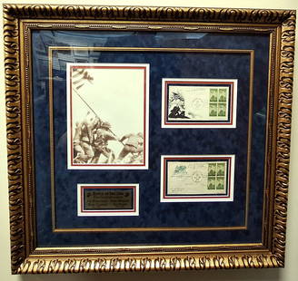 Battle of Iwo Jima  - Docs Signed by all Four Soldiers w/ COA: Battle of Iwo Jima 'First Day of Cover' Two postage letters containing the signature of all four soldiers : Joe Rosenthal, Rene Gagnon, John Bradley and Ira Hayes. Matted and framed under glass, inclu