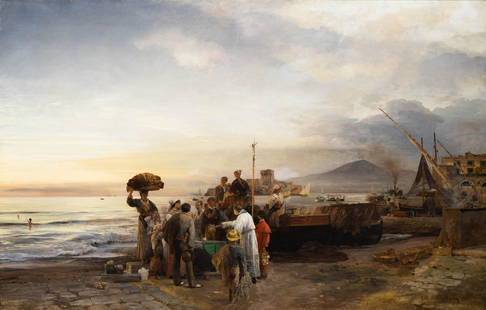 Oswald Achenbach (1827 DÃ¼sseldorf - 1905 ibid.): Fishermen in front of the Bay of Naples, oil on canvas, 89 cm x 135 cm, signed, 1880 dated doubled, restored, retouched, slightly craquelure. Oswald Achenbach, together with his brother Andreas Achenb