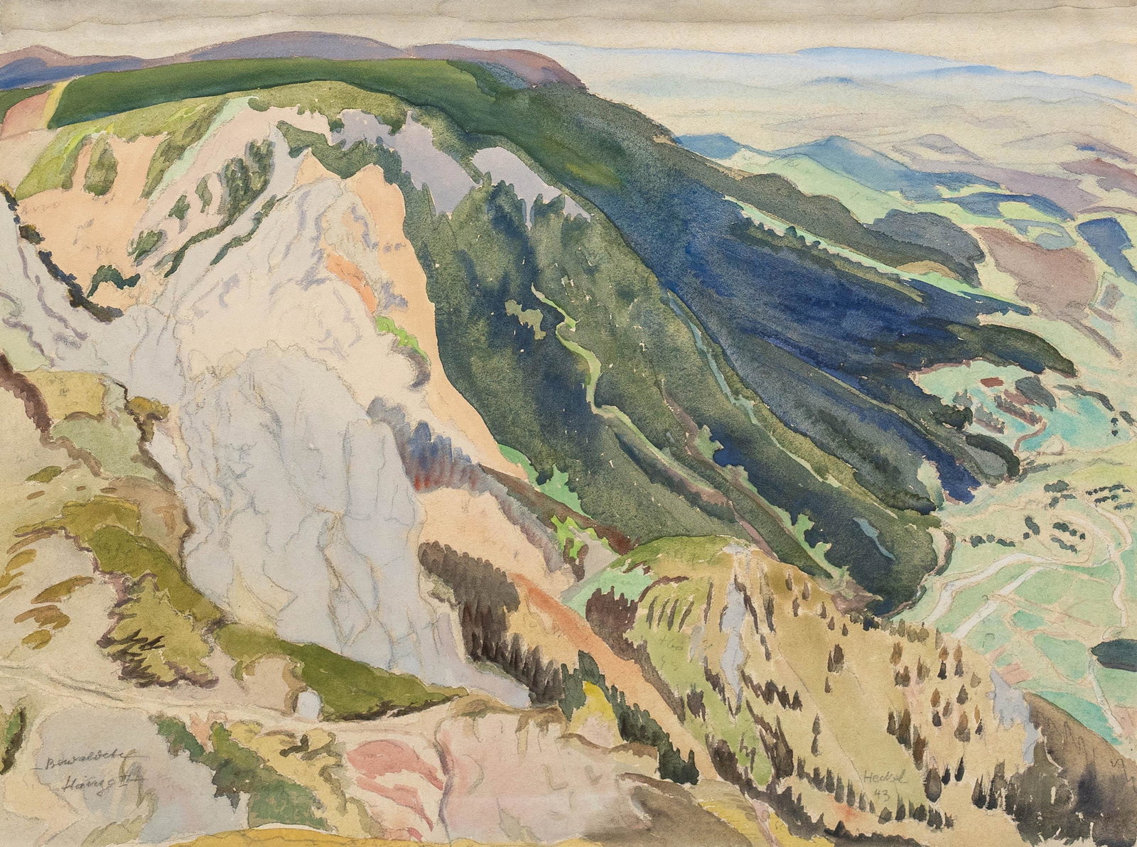 Erich Heckel (1883 DÃ¶beln - 1970 Radolfzell) (F): Bewaldete HÃ¤nge II', watercolour over pencil drawing on laid paper, 55.5 cm x 69 cm sheet dimension, signed, dated 43, titled, mounted on verso, slightly wavy, Provenance: art collector from NRW, T