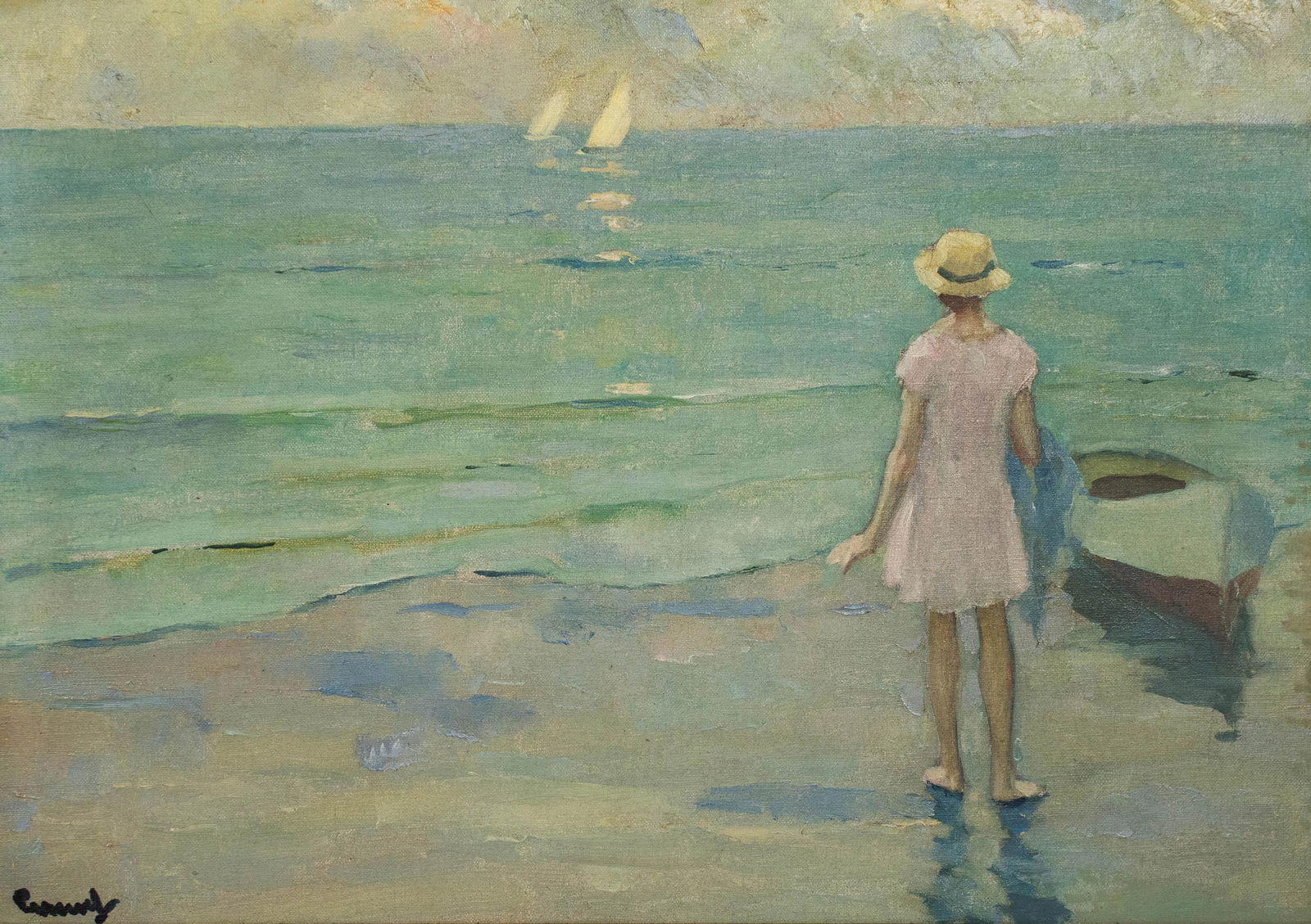 Edward Cucuel (1875 San Francisco - 1954 Pasadena/California): Am Meeresstrand', oil on canvas, 50,5 cm x 70,5 cm, signed, signed on verso, titled, partially minimally craquelure, minimally spotted, partly retouched. Edward Cucuel was born the son of a French new