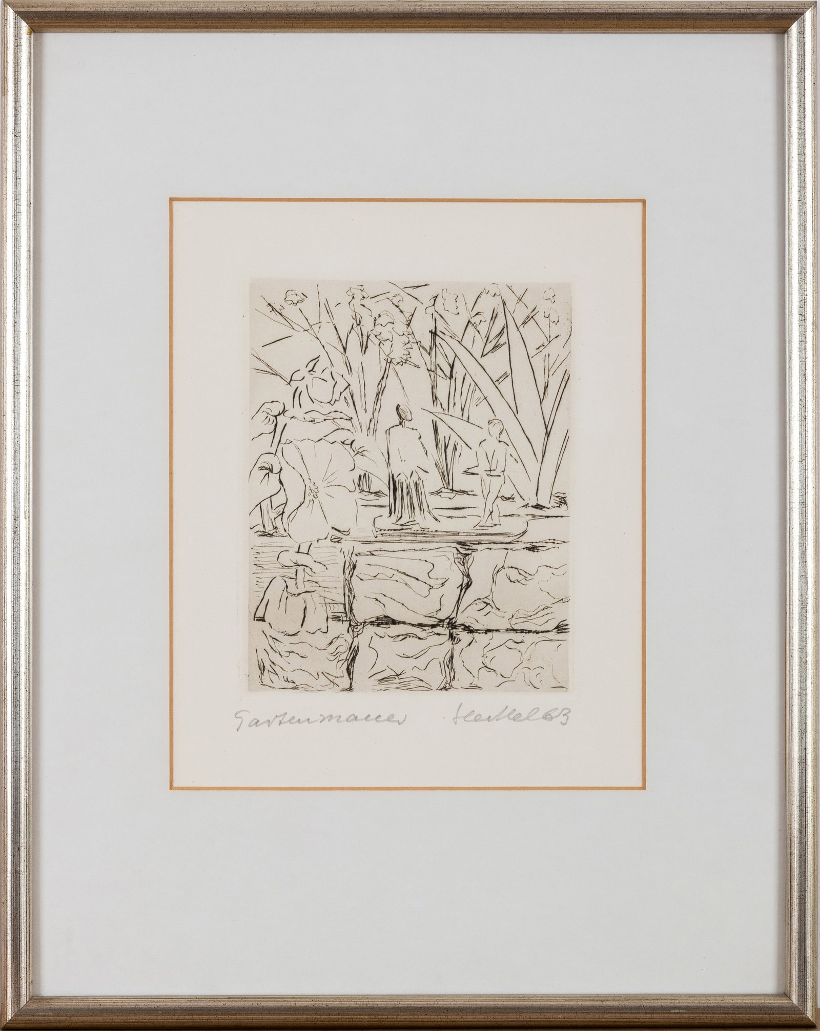 Erich Heckel (1883 Döbeln - 1970 Radolfzell) (F): 'Gartenmauer', Radierung auf Papier, 22 cm x 17,5 cm Plattenmaß, 30,5 cm x 24,5 cm Passepartoutinnenmaß, aus einer Auflage von 31 Exemplaren, signiert, 63 datiert, betitelt, partiell leicht