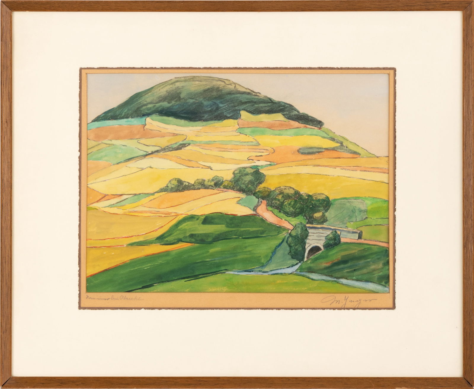 Martha Jäger (1867 Wuppertal - 1950 ebenda): Bergisches Land, Gouache auf Papier, 26 cm x 36 cm Passepartoutinnenmaß, signiert, unleserlich ortsbezeichnet, montiert, Künstlerin aus dem Umkreis Erich Heckel Martha Jäger (1867 Wupp