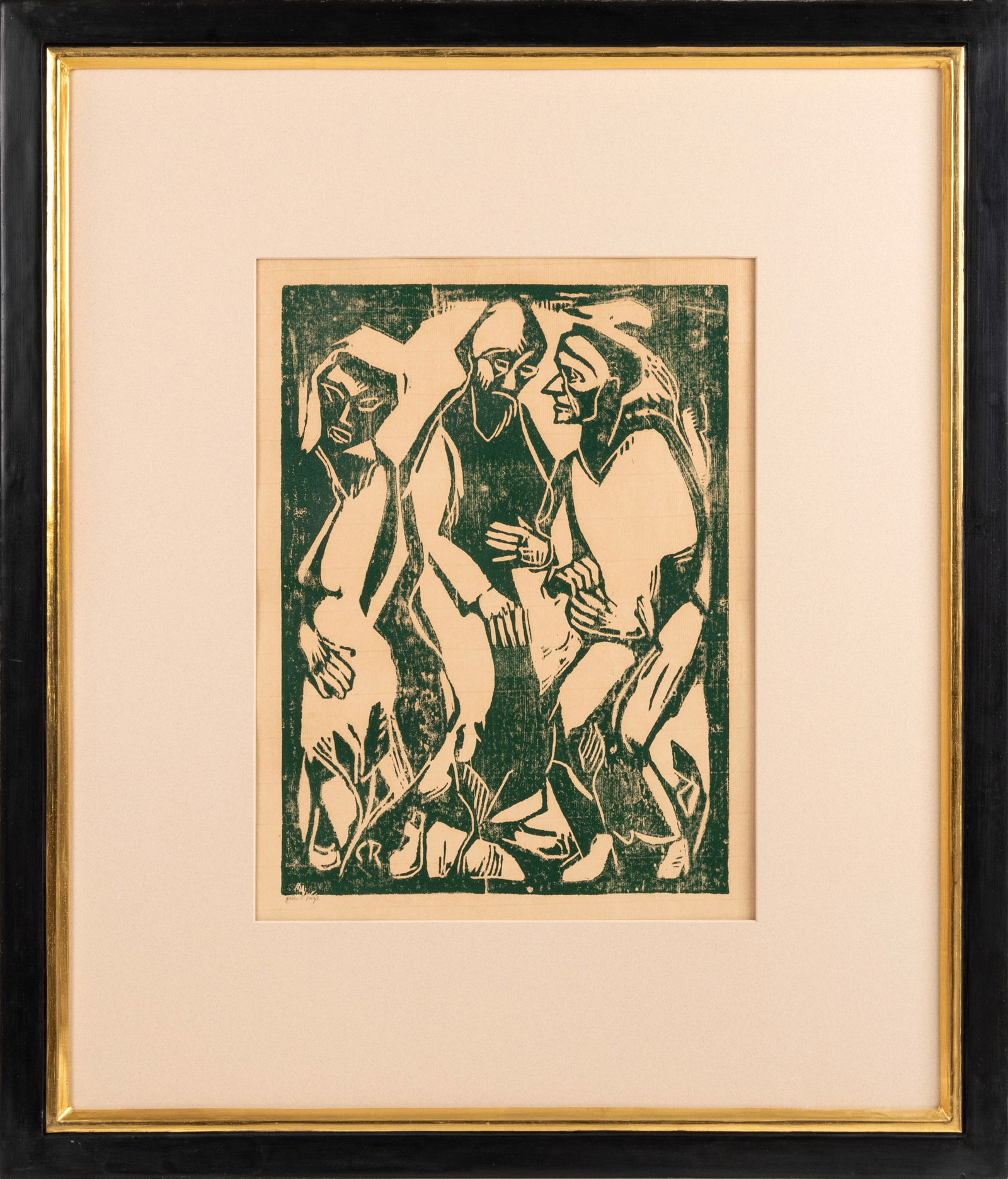 Christian Rohlfs (1849 Niendorf - 1938 Hagen): Beratung, Holzschnitt auf Packpapier, 39 cm x 29 cm PassepartoutinnenmaÃŸ, im Druck monogrammiert, bezeichnet 'gedr. F. Voigt ', montiert, partiell kleine Risse, Literatur: Wvz. Vogt 74; Eggeling/Ut