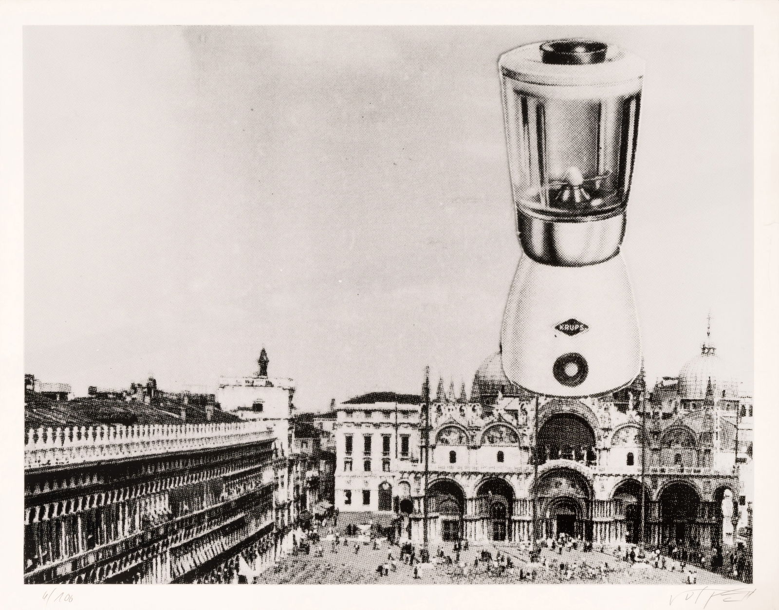 Wolf Vostell (1932 Leverkusen - 1998 Berlin) (F): 'San Marco Venezia', Siebdruck auf glattem Velin, 1969, 50 cm x 64 cm Blattmaß, signiert, 4/100 nummeriert, leicht knickfaltig, Einriss im rechten Blattrand, leichte Bereibungen, Literatur: Wvz.