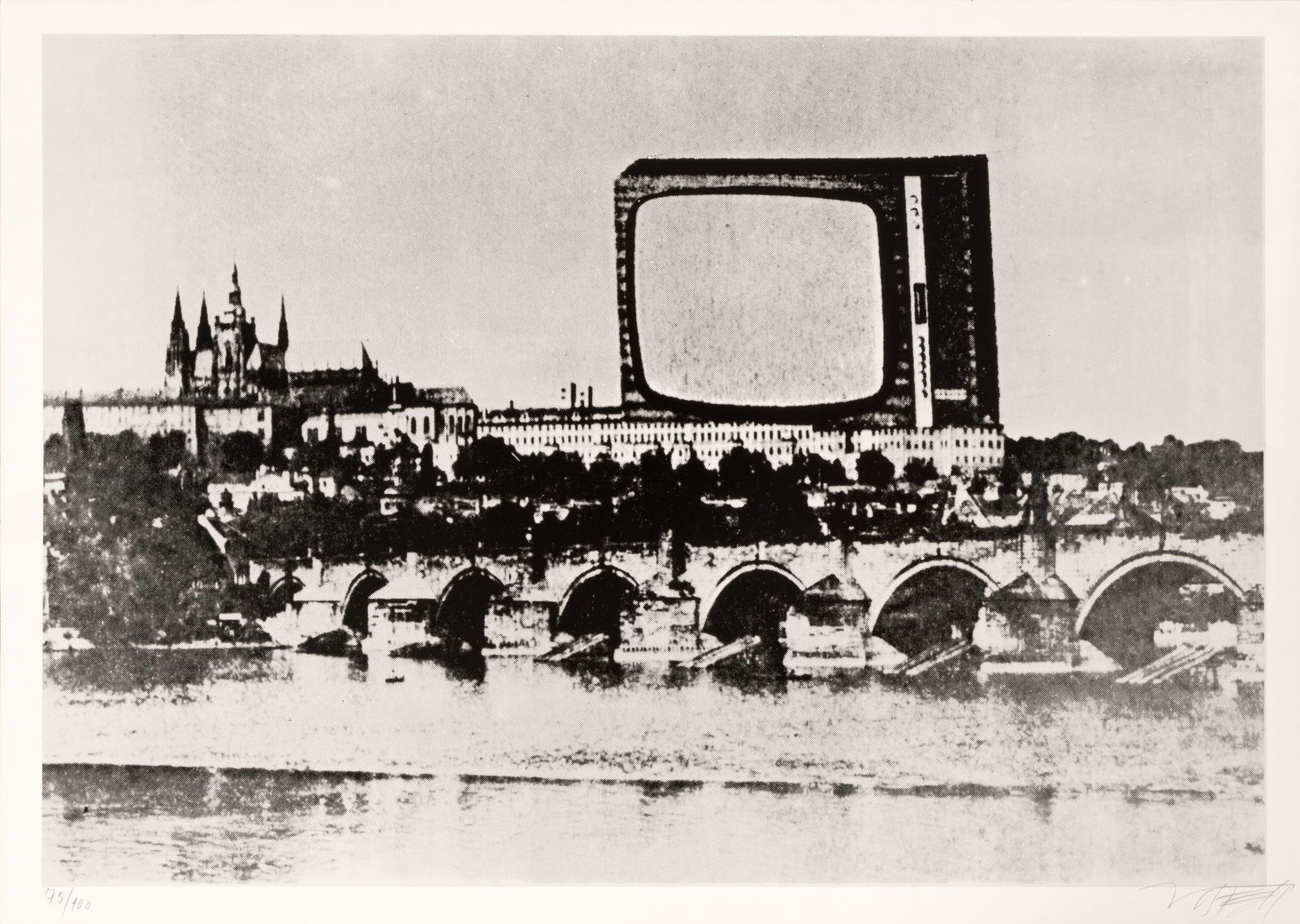 Wolf Vostell (1932 Leverkusen - 1998 Berlin) (F): 'Hradschin, Prag', Siebdruck auf glattem Velin, 1969, 50 cm x 70 cm Blattmaß, signiert, 75/100 nummeriert, partiell Griffspuren, leichte Bereibungen, Literatur: Wvz. Block-Vogel, V, 28 Wolf Voste