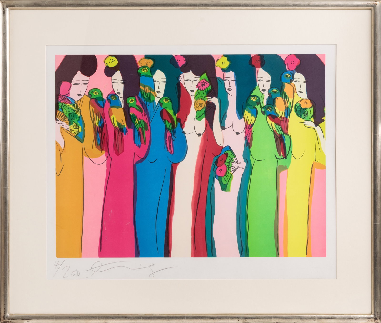 Ting Walasse (1929 Shanghai - 2010 New York): Geishas und Papageien, Farblithografie Papier, 52 cm x 64,5 cm Passepartoutinnenmaß, 4/200 nummeriert, signiert, montiert, partiell kleine oberflächliche Bereibungen, im oberen linken Bildbe