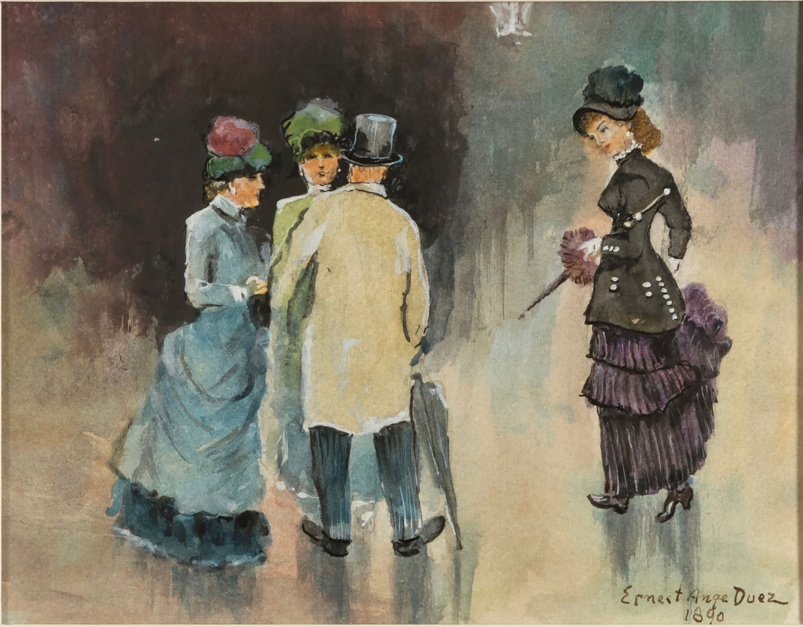 Ernest-Ange Duez (1843 Paris - 1896 Bougival, Frankreich): Ernest-Ange Duez (1843 Paris - 1896 Bougival, Frankreich) Galante Gesellschaft, Aquarell auf Papier, 18 cm x 24 cm Passepartoutinnenmaß, signiert, 1890 datiert, unter Passepartout montiert