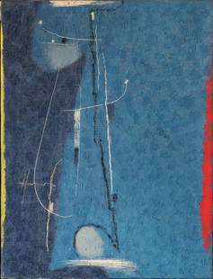 Max Ackermann (1887 Berlin - 1975 Unterlengenhardt/Bad Liebenzell) (F): Max Ackermann (1887 Berlin - 1975 Unterlengenhardt/Bad Liebenzell) (F) Komposition mit Blau, Öl auf Leinwand, 65,5 cm x 50 cm Leinwandmaß, verso signiert, 29. August 1963 datiert, leicht cra