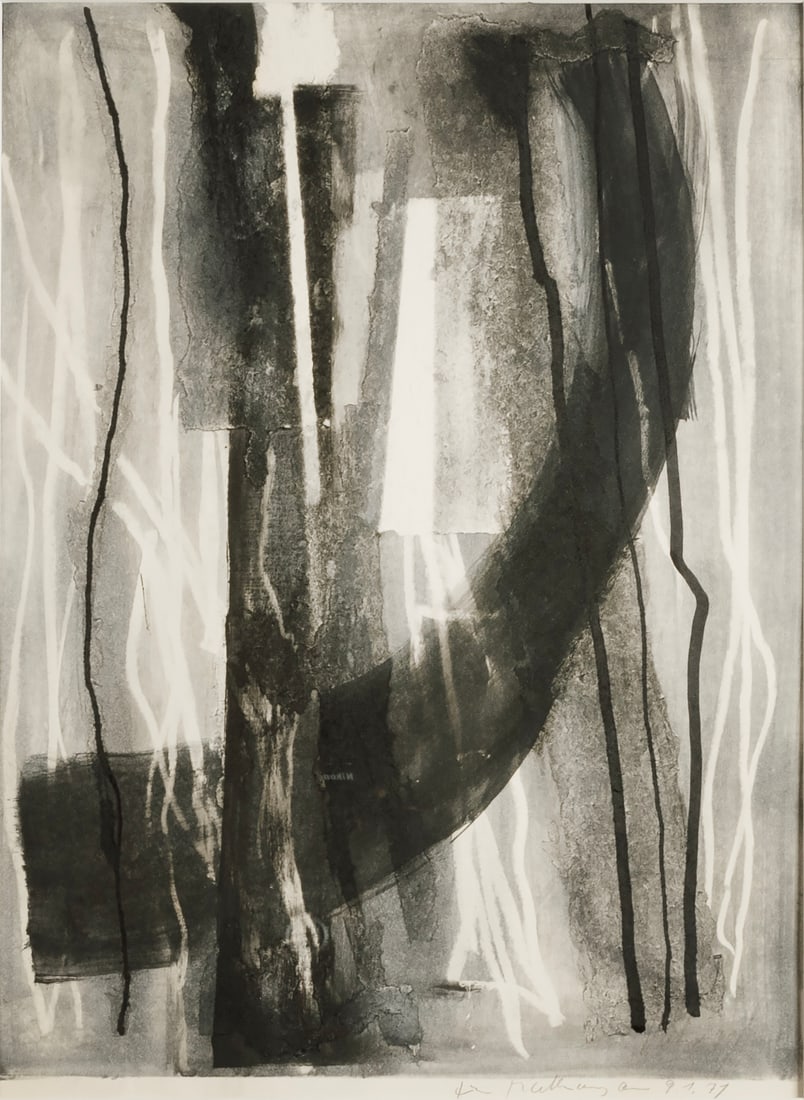 Fritz Winter (1905 Altenbögge - 1976 Herrsching) (F): Fritz Winter (1905 Altenbögge - 1976 Herrsching) (F) Ohne Titel, Mischtechnik mit Öl, Wachs und Filzstift auf Papier, 60 cm x 43 cm Blattmaß, signiert, 71 datiert, mit Widmung 'Für