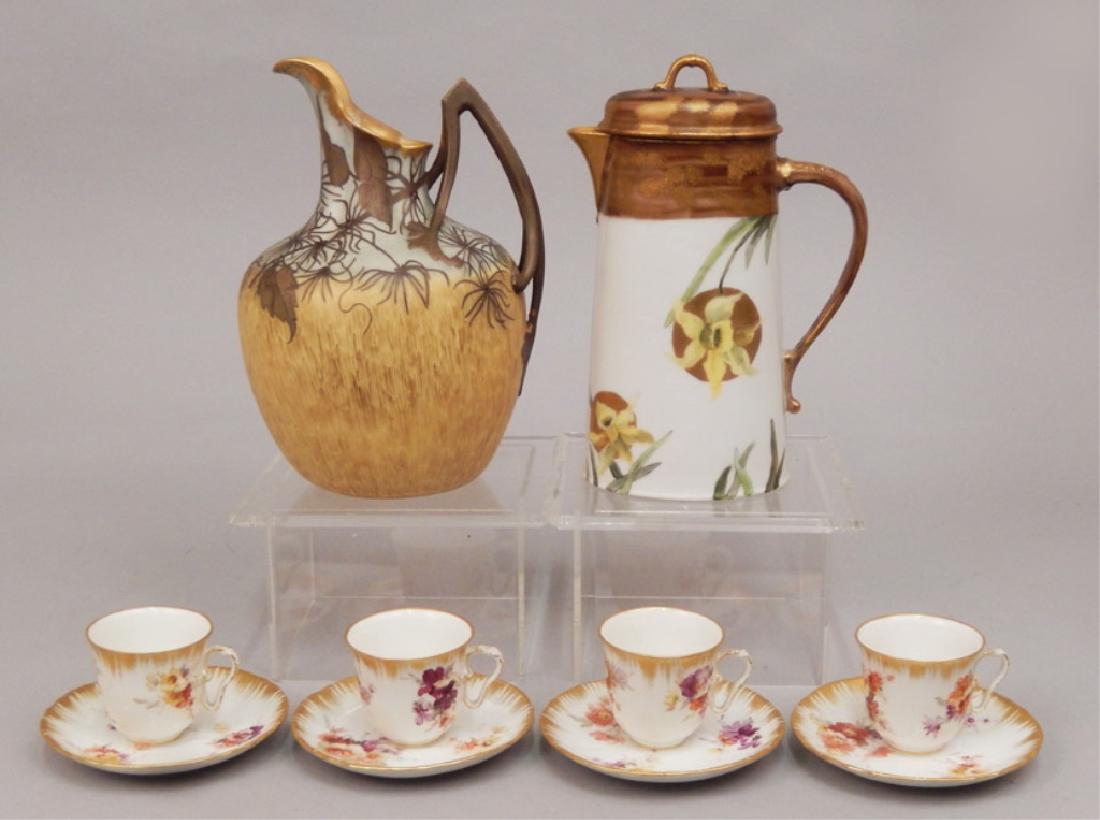 Grouping of hand painted porcelain: Grouping of hand painted porcelain, includes set of KPM demitasse cups and saucers, blue underglaze mark and stamped KPM, 1 7/8" high, 4" diameter, gilt and floral ewer, twig form handle, marked on bo