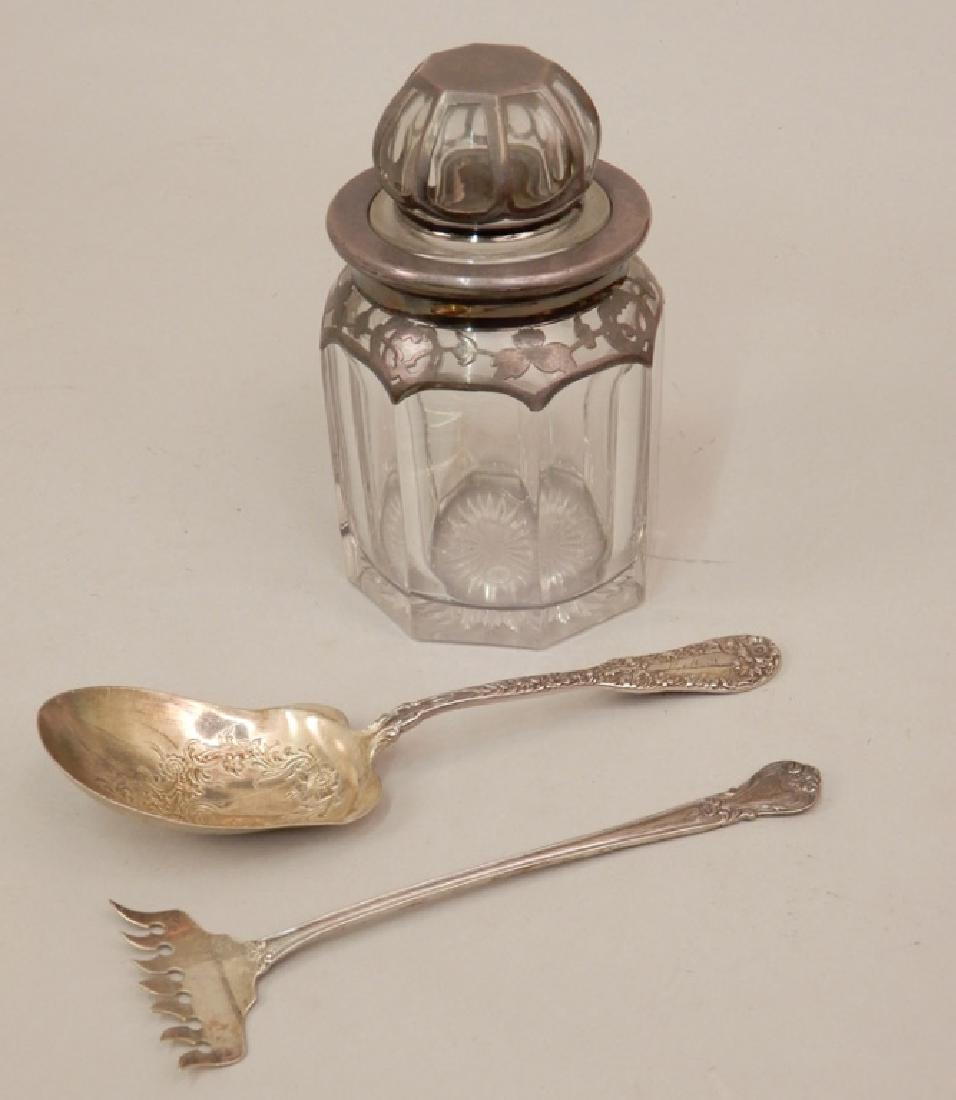 Sterling silver utensils and Heisey silver overlay: Sterling silver utensils and Heisey silver overlay glass jar, includes Weidlich "Ancestry" bacon fork, hallmarked on back and marked sterling, 6 3/4" long, Dominick & Haff "No. 10" large solid berry/c