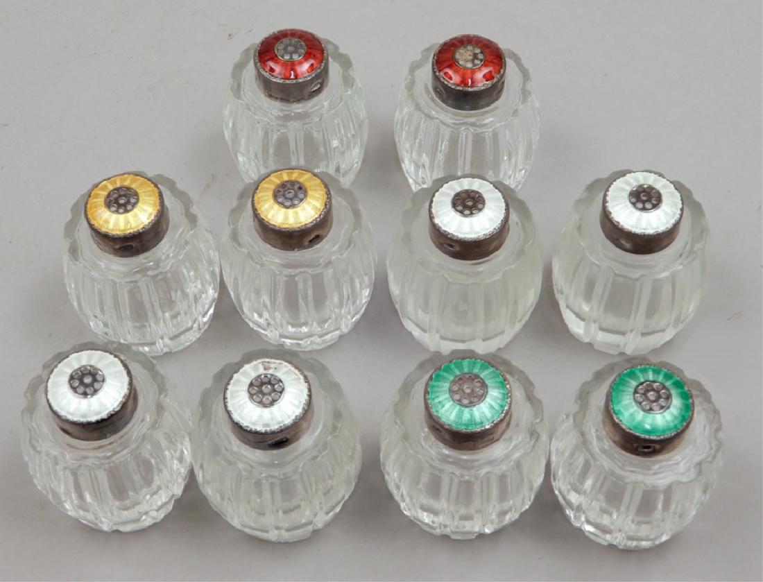 Ten Meka sterling and enamel top salt and pepper: Ten Meka sterling and enamel top salt and pepper shakers, glass jars, tops hallmarked Meka Sterling Denmark, four white, two yellow, two red, and two green tops, measures 2" high x 1 1/2" diameter