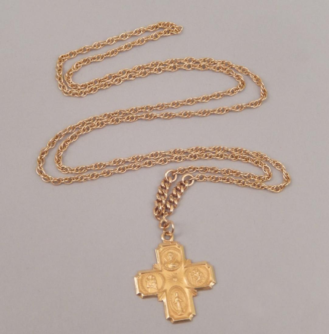 14k yellow gold Stations of the Cross on gold chain: 14k yellow gold cross on gold chain, Stations of the Cross on front, back reads â€œI am a Catholic, Please Call a Priestâ€ and depicting Mary and Infant Jesus and oval medallion on back, cross 
