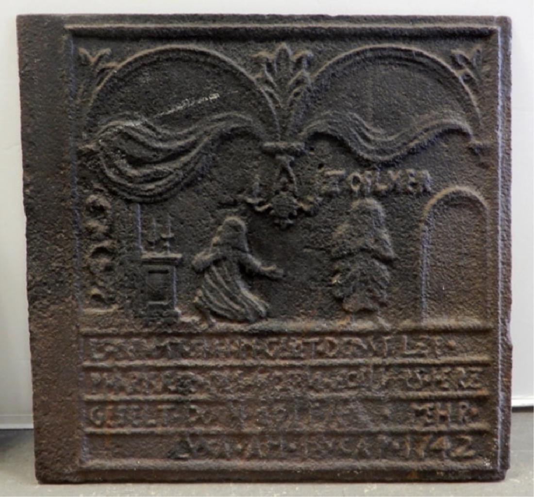 1742 cast iron stove plate "The Pharisee and Publican": 1742 cast iron stove plate "The Pharisee and Publican", Luke 18:9-14, pictured in Henry Chapman Mercer's book Bible in Iron, plate 81, 24 1/2" x 25 1/2"