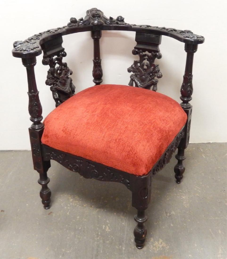 Walnut Renaissance Revival corner chair: Walnut Renaissance Revival corner chair, in the style of John Jelliff, carved crest rail and splats, slip seat, turned arm supports and legs, on casters, ca. 1870, 30â€ high x 28 1/2â€ x 27â€