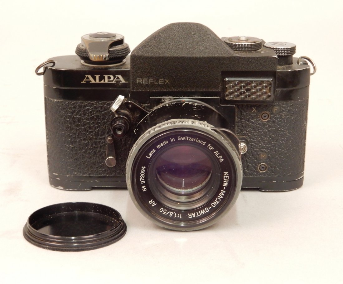 Alpa Reflex Model C camera, Made in Switzerland,: Alpa Reflex Model C camera, Made in Switzerland, serial No. 46915, with lens Kern-Macro-Switar 1:1,8/50 AR No. 972094, Lens made in Switzerland for Alpa, conversion chart taped to back of camera, 3 3/