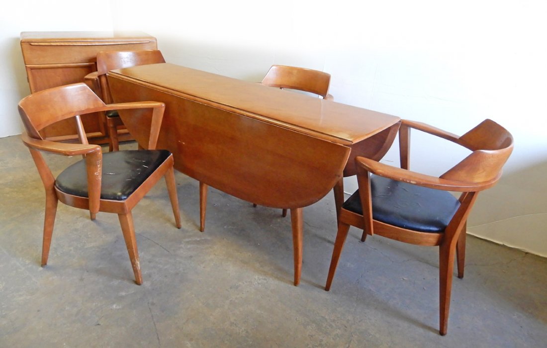 Heywood Wakefield Champagne dining room set: Heywood Wakefield Champagne six piece dining room set, drop-leaf table 29 1/2" high x 62" x 17", leaves 16 1/2", chairs 30" high, server 32 1/2" high x 36" x 18"