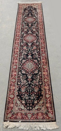 Chinese Persian hand knotted runner rug: Chinese Persian hand knotted runner rug, wool and silk pile, label on back, 12' x 2' 6"