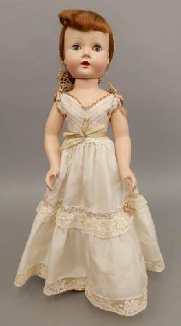 Effanbee Honey hard plastic walker: Effanbee Honey hard plastic walker, wearing dress, slip, underwear, socks, and shoes, marked Effanbee on head and back, measures 18" tall