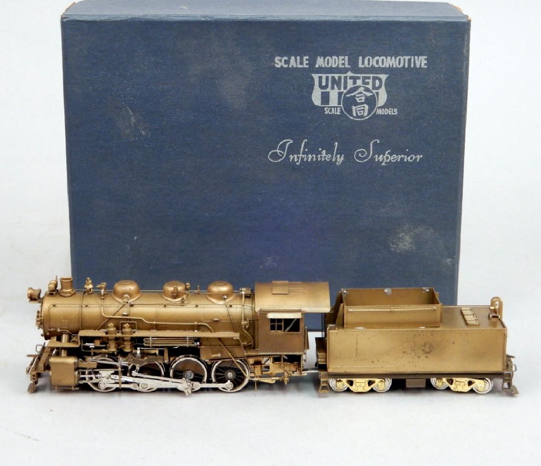 United Scale Models B&O Power 0-8-0 in original box: United Scale Models B&O Power 0-8-0 in original box, brass engine and tender, Mfd by Atlas Industries, Inc., Kawaguchi, Japan, Exclusively for Pacific Fast Mail, box measures 8 1/4" x 6 3/4" x 2 7/8"