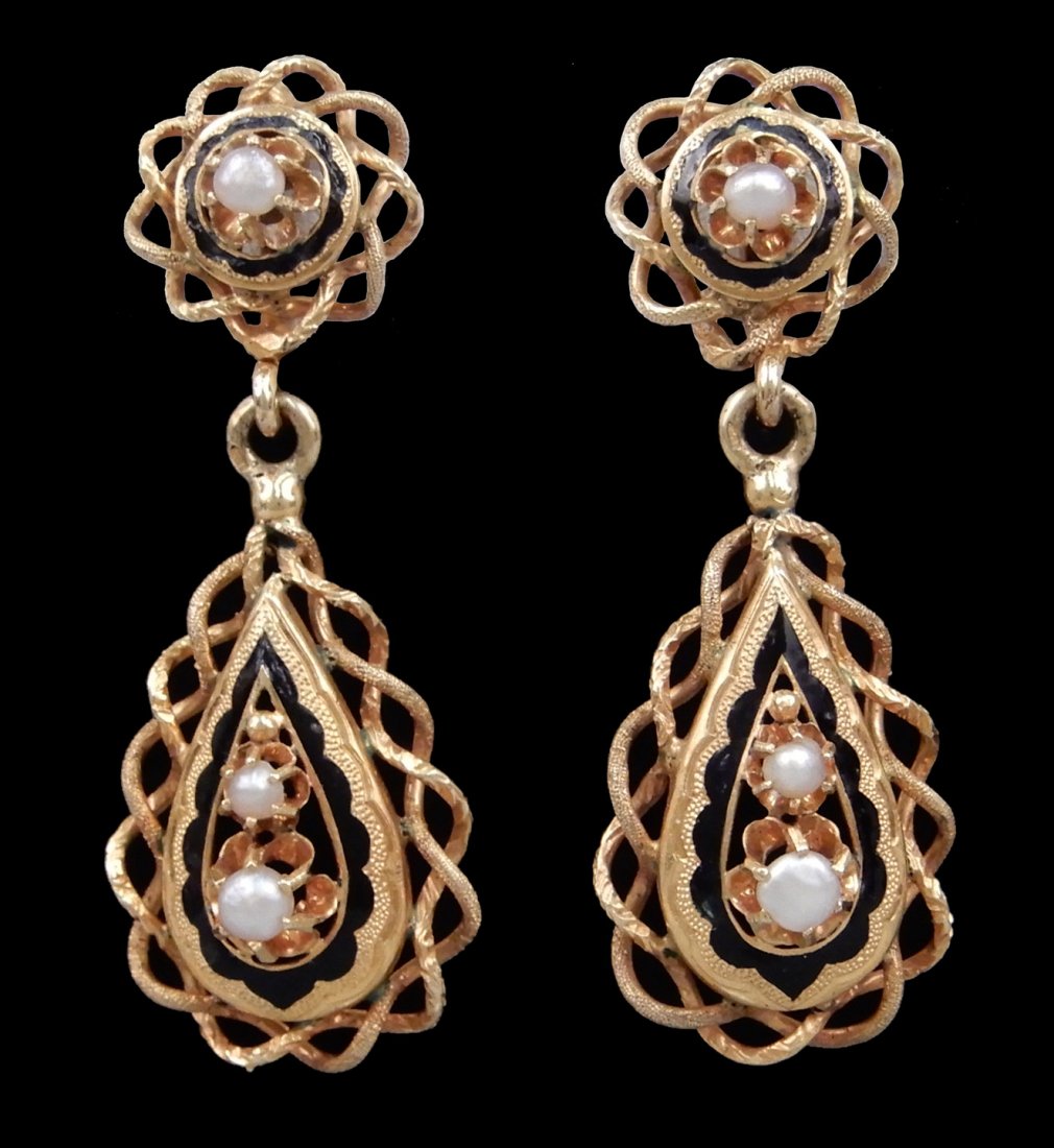 Enameled gold and pearl drop earrings: Enameled gold and pearl drop earrings, 14k gold with cobalt blue enameling and small pearls, double twisted rope edge, screw backs, 1 1/2" long, unmarked, test 14k, weight 5.0 dwt