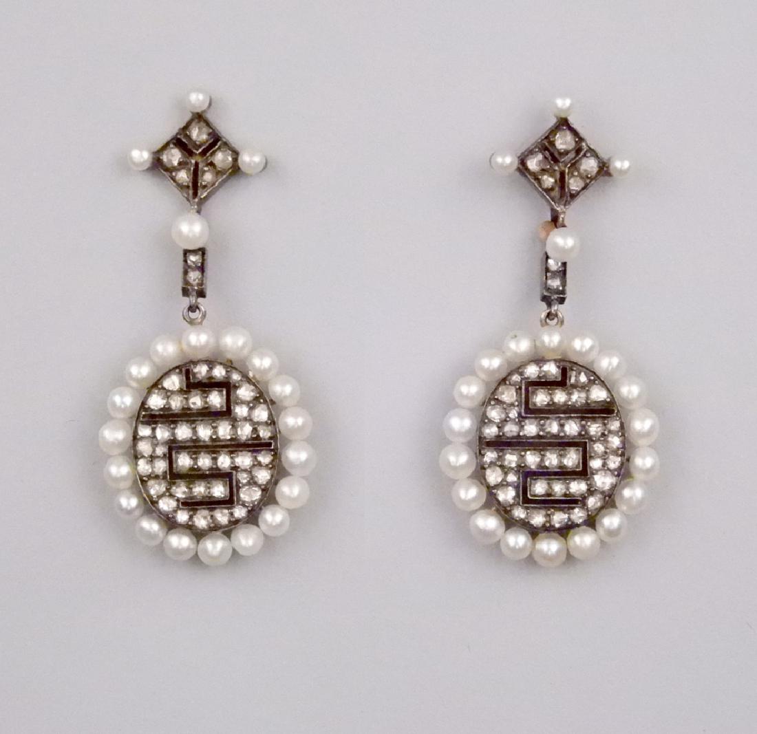 Edwardian gold, silver, diamond and pearl earrings: Edwardian gold, silver, diamond and pearl earrings, drop earrings with pierced post backs, 1 3/4" long, each set with forty five small rose cut diamonds, geometric motif, perimeter of drop set with 2m