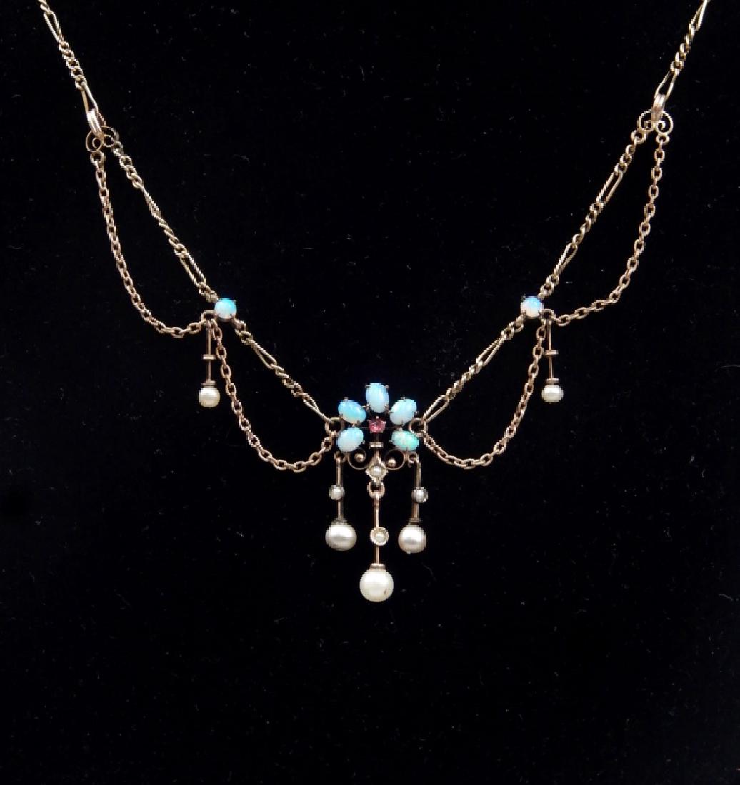 Edwardian gold, opal and pearl festoon necklace: Edwardian gold, opal and pearl festoon necklace, 10k rose gold link chain with opal cluster and garnet in center, three pearl drops, swag chain with two small round opals and pearl drops, 17 3/4" long