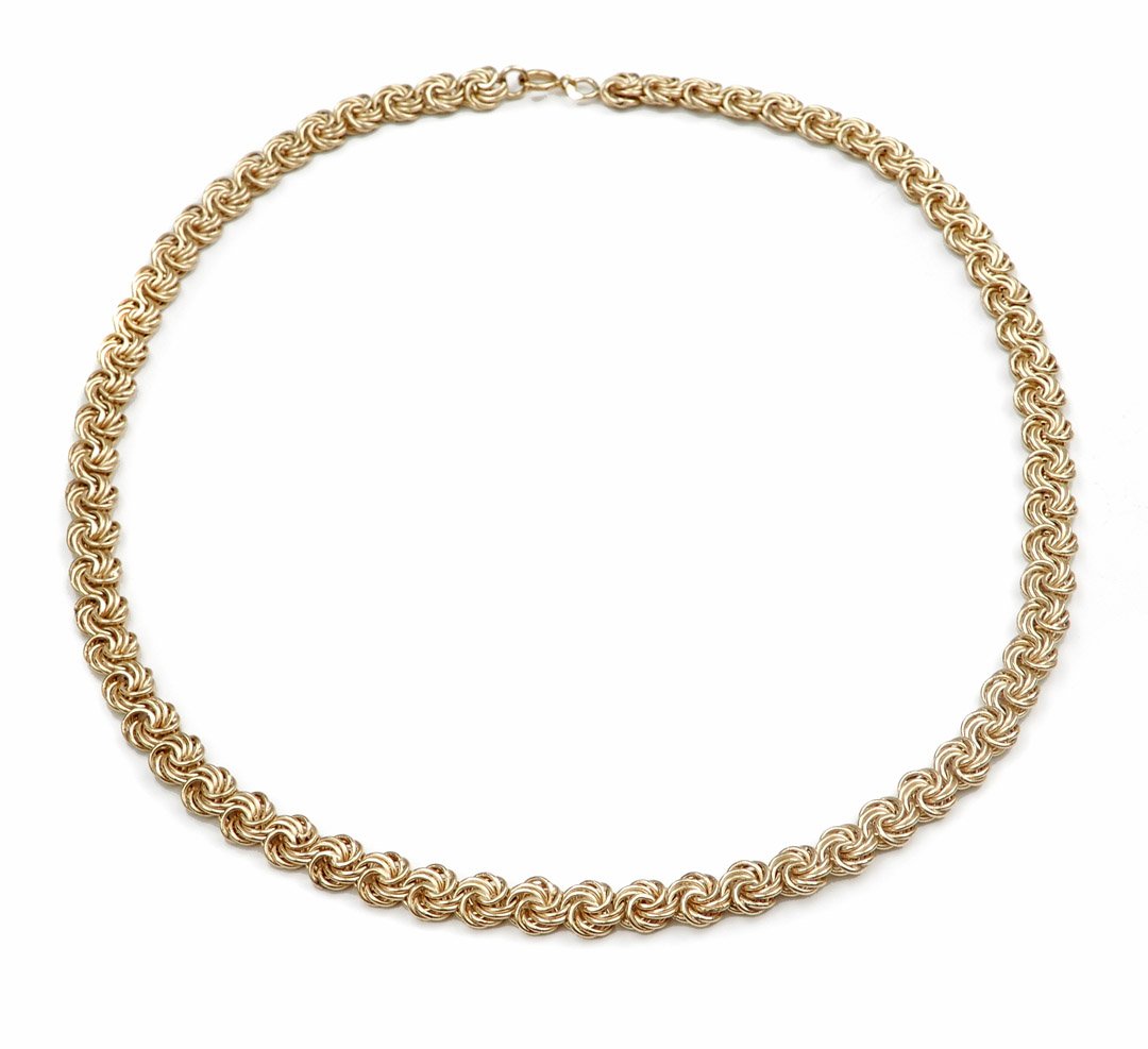 Gold Byzantine link chain: Gold Byzantine link chain, 14k gold, 15 3/4" long x 6mm wide, stamped 585, weight 7.3 dwt