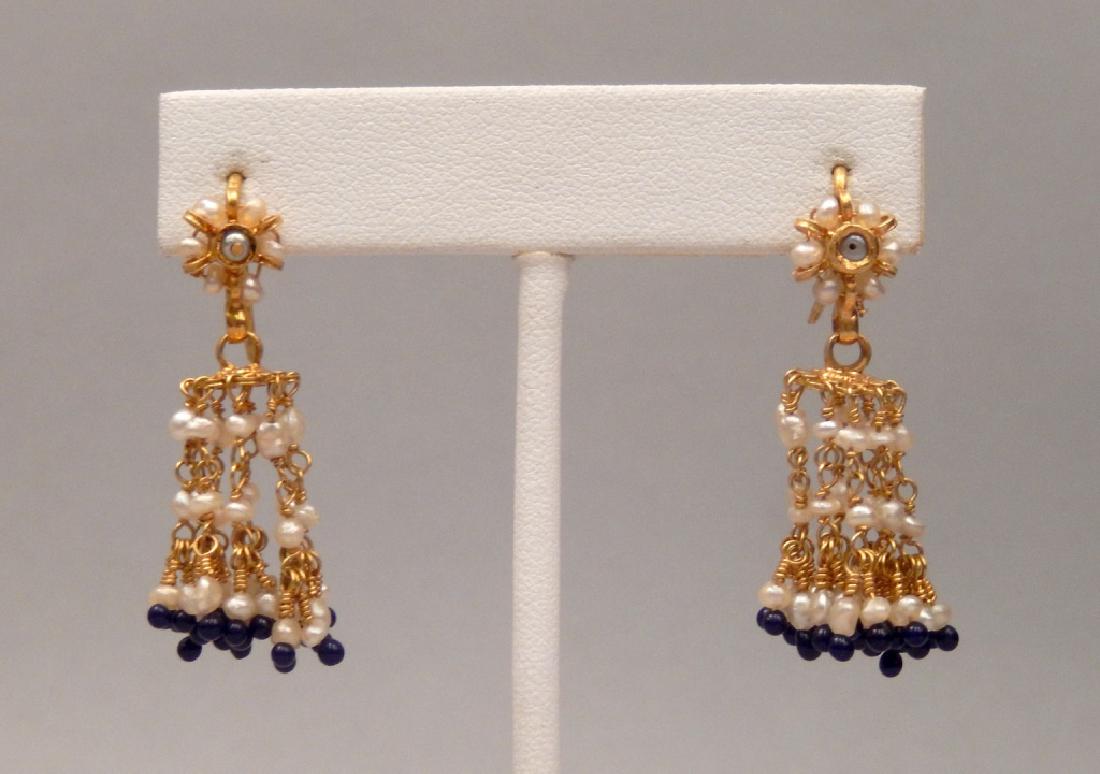 Mughal gold, pearl and lapis drop earrings: Mughal gold, pearl and lapis drop earrings, handmade high carat gold wire work, pierced wire tops, wired seed pearls and small lapis beads, 1 1/2" long, unmarked, test 22k, weight 7.6 dwt