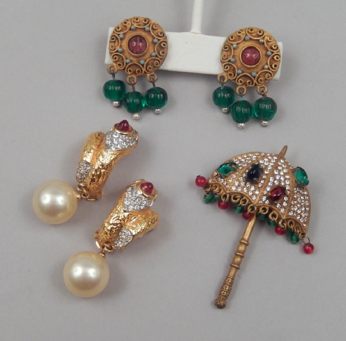 Vintage Kenneth J. Lane jewelry grouping: Vintage Kenneth J. Lane jewelry grouping, mid century pieces include umbrella pin with pave set clear rhinestones and ruby, sapphire and emerald color, 2 1/2" long, round clip earrings with red stone 