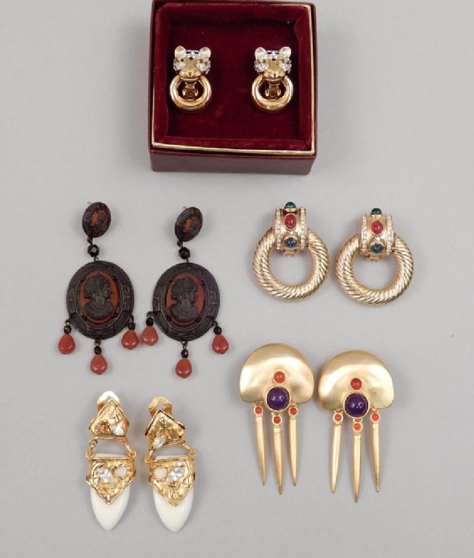Five pairs of designer costume jewelry earrings: Five pairs of designer costume jewelry earrings including Renata di Renzza figural leopards , pave rhinestones with green stone eyes and black enameling, gold tone metal, clip backs, original box, 1 1