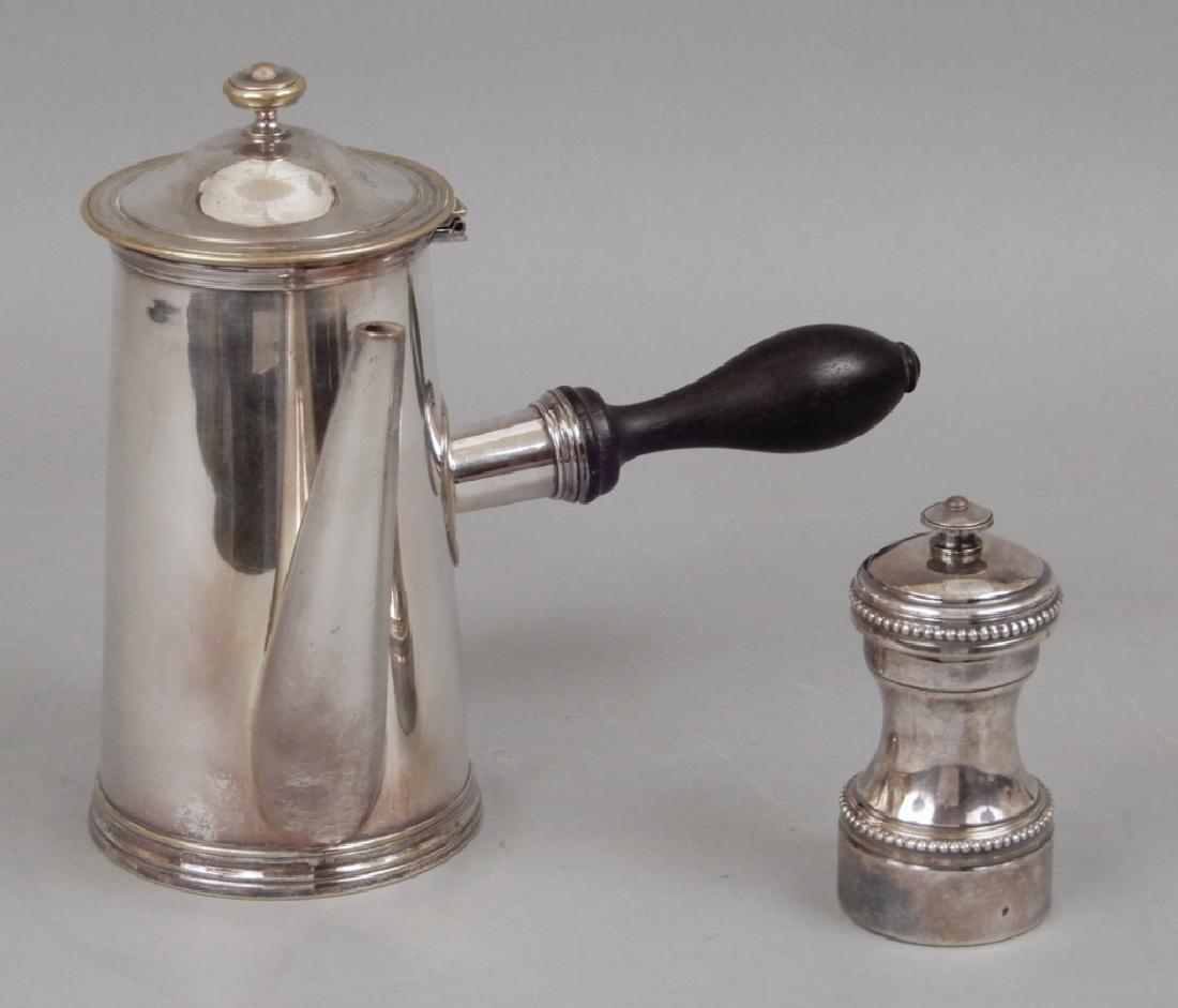 Christofle silver plated chocolate pot and French: Christofle silver plated chocolate pot and a French pepper mill, Christofle chocolate pot monogrammed on front, gold wash on lid, wooden handle, hallmarked on bottom Christofle 22, measures 7 1/2" hig