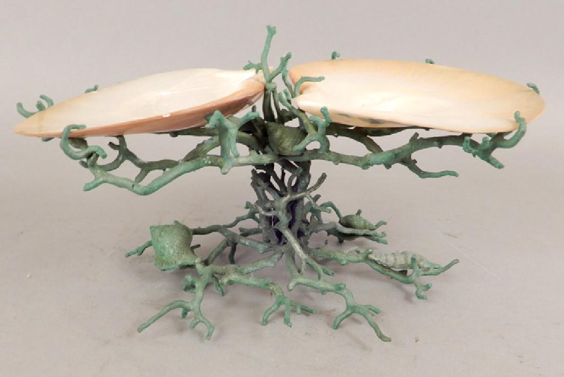 Maitland-Smith clamshell epergne: Maitland-Smith clamshell epergne, with verdigris spelter seaweed base, label on bottom, 6 1/2" high x 12 7/8" across x 7 3/4" deep